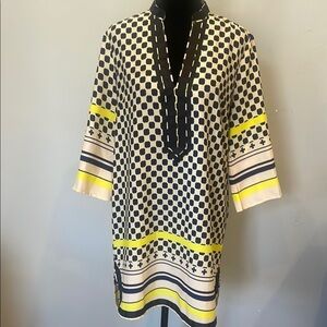 Women's Navy and White Patterned Tunic Dress with Yellow Accents